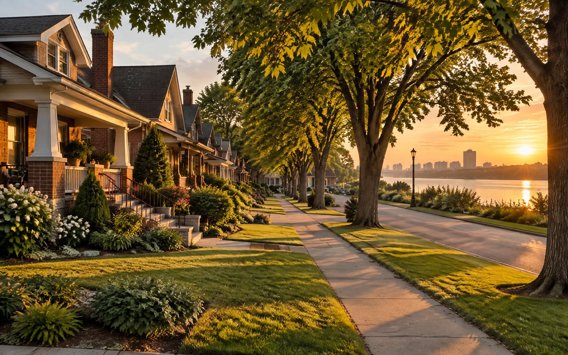 Tree-lined street of brick homes overlooking the Detroit River in Downriver Michigan at sunset